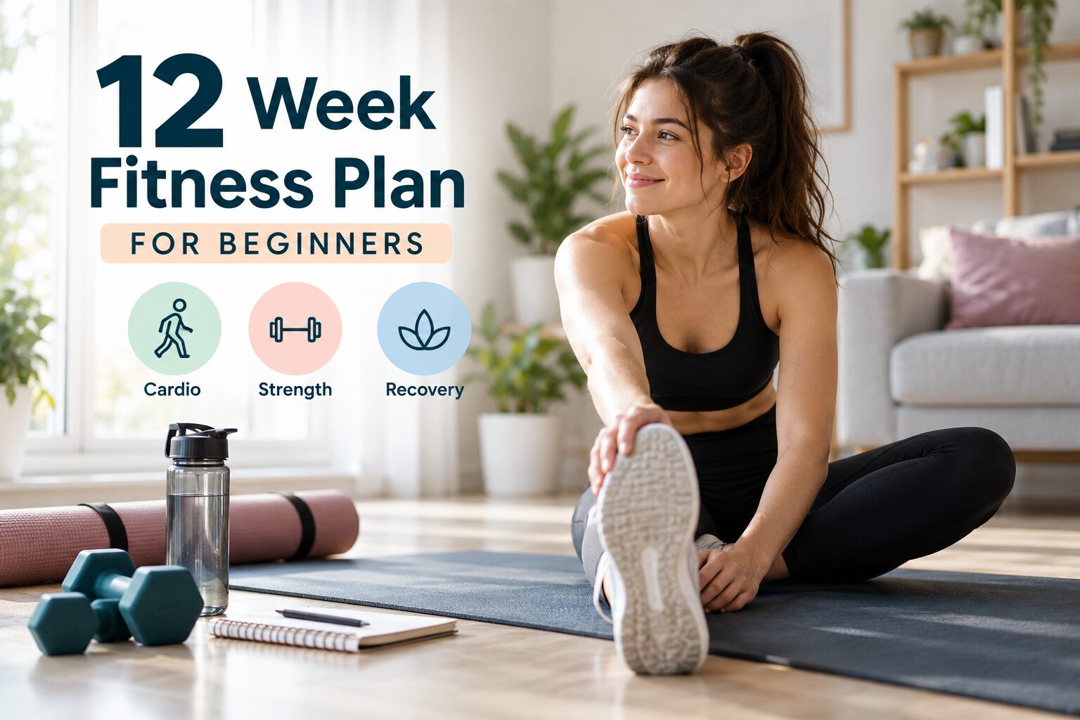 12 week fitness plan for beginners with cardio, strength, and recovery