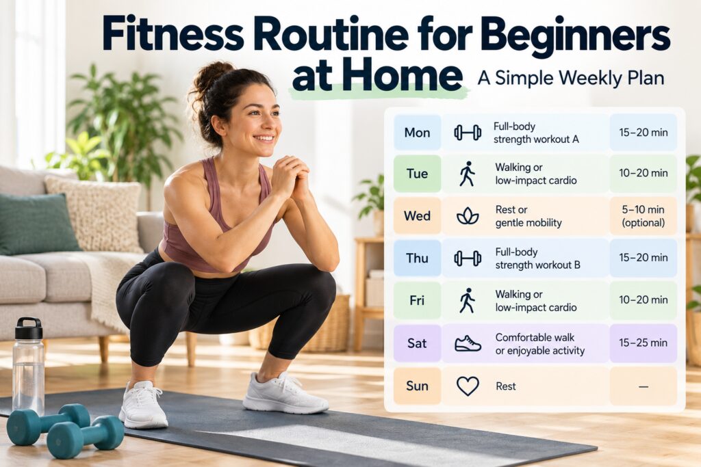 Fitness routine for beginners at home with a seven-day workout schedule, including strength training, walking, and recovery days.