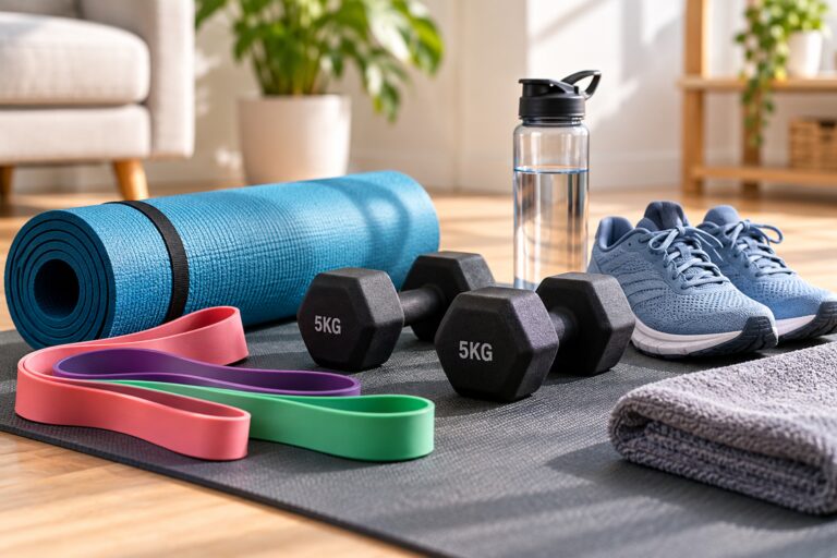 Fitness equipment for beginners including dumbbells, resistance bands, an exercise mat, and running shoes at home