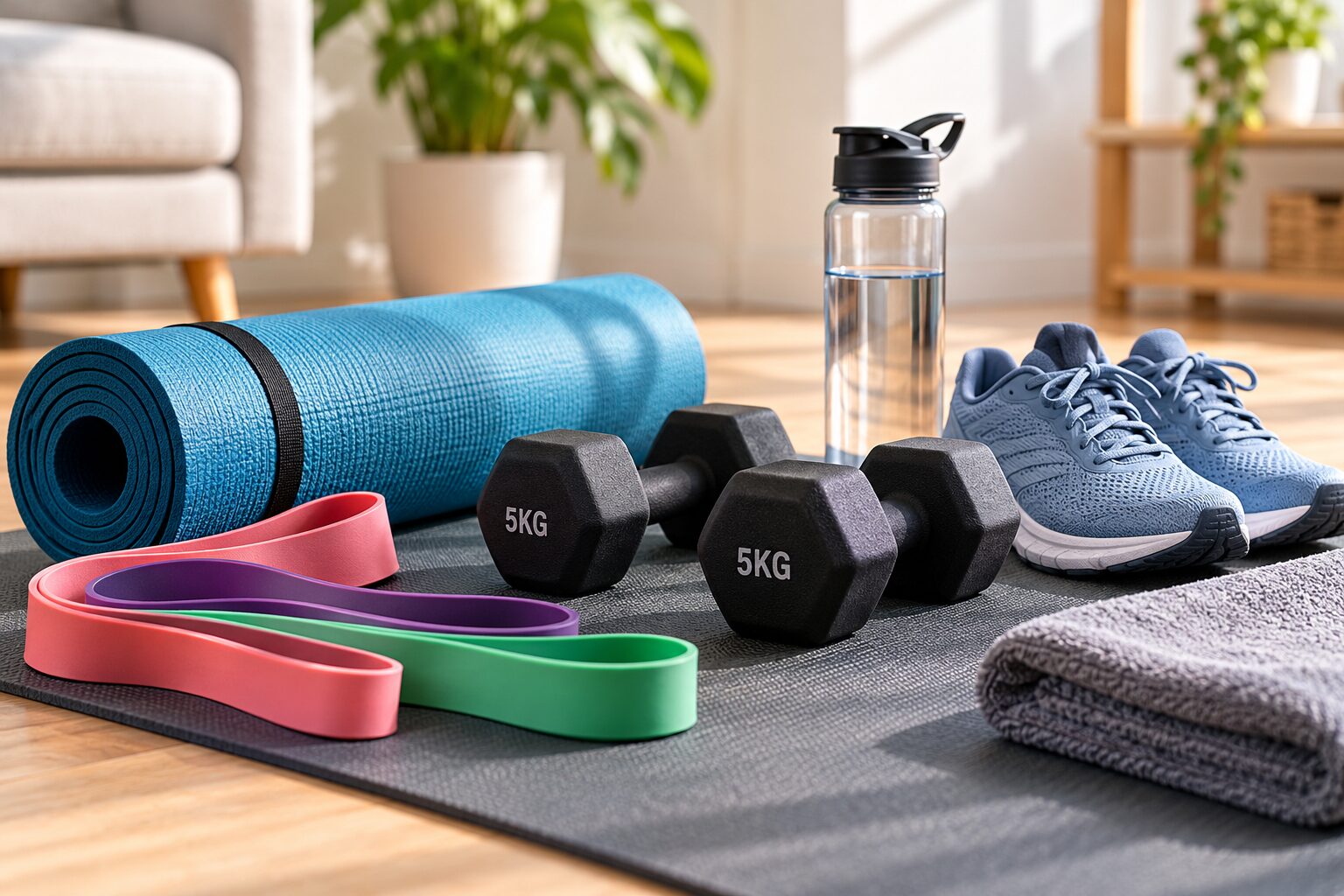 Fitness equipment for beginners including dumbbells, resistance bands, an exercise mat, and running shoes at home